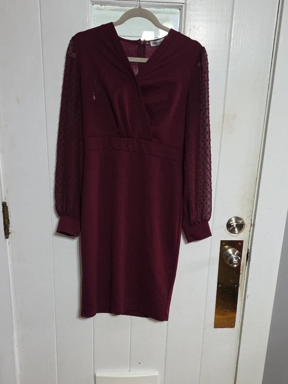 Grace Karin Women's Dress Burgandy Sheer Swiss Dotted Sleeves Stretchy Sz M EUC